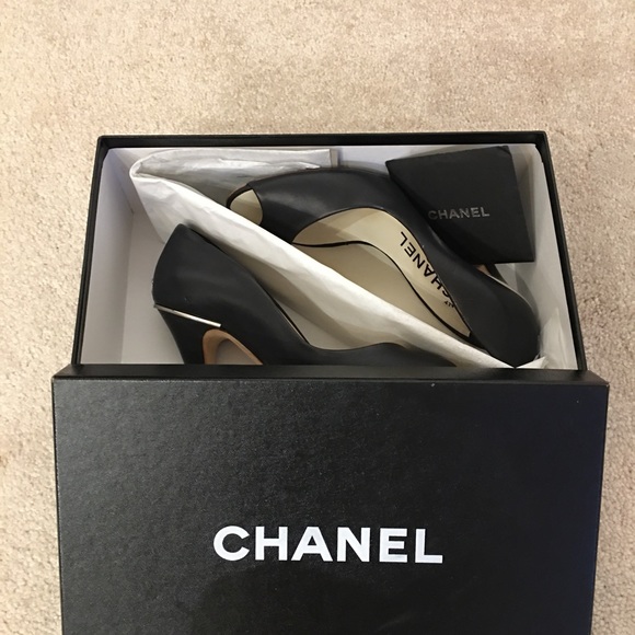 Chanel Calfskin Navy Blue Silver CC Peep Toes Heel - Picture 5 of 5